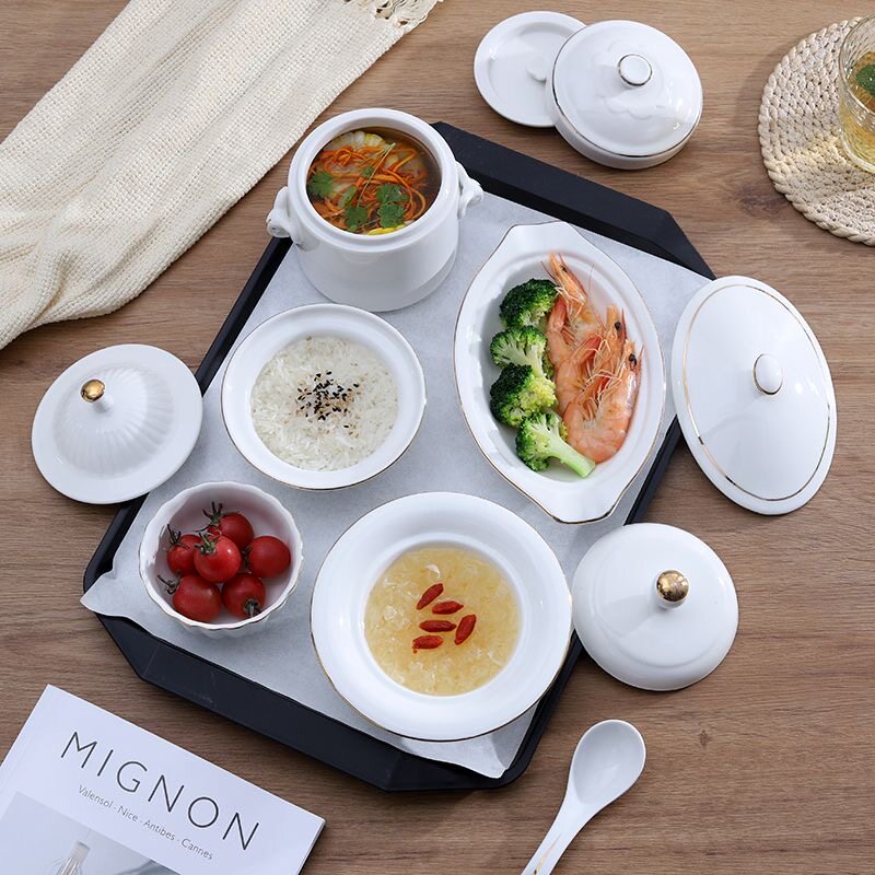 陶瓷带盖月子餐具套装碗盘月子会所用瓷 一人份炖盅汤盅印字logo