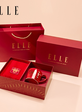 ELLE100%羊毛围巾冬杯子双旦圣诞礼盒新年过年大红色送礼礼物女生