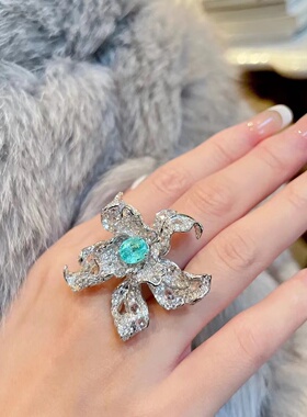 女彩色宝石欧美设计感大花朵戒指
