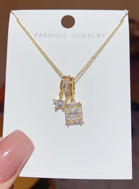 轻奢小众设计感锆石方形锁骨链个性时尚精致甜美项链气质百搭项链