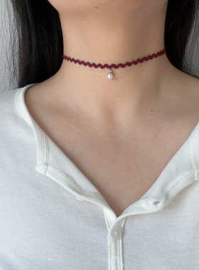 唯美波浪choker波纹项链锁骨链简约项圈网红脖链酒红百搭脖子装饰