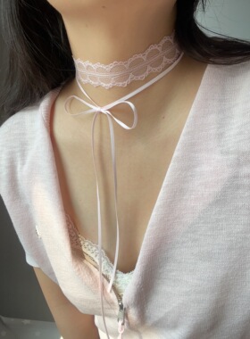 超仙淡粉蕾丝choker蝴蝶结锁骨项链短款双层Lolita风项圈送女友