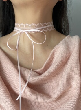 超仙淡粉蕾丝choker蝴蝶结锁骨项链短款双层Lolita风项圈送女友