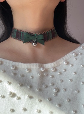 圣诞氛围秋冬绿格铃铛choker女小众独特亚文化项圈约会高级感配饰