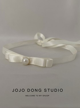 白色绑带蝴蝶结choker优雅气质锁骨链长款项圈复古设计感飘带颈链