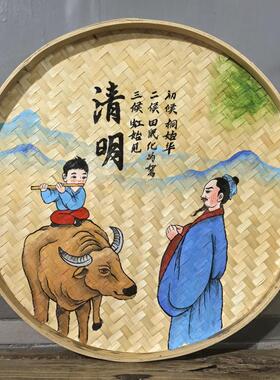 手绘24节气竹编簸箕画传统文化