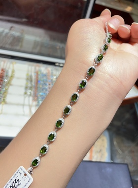 天然水晶彩宝透辉石手链s925纯银镶嵌满镶绿色手环豪镶
