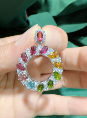 天然水晶碧玺吊坠925银镶嵌女款满镶套链彩虹锁骨链精致