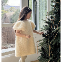 South Korea Gate Childrens Dress 2023 Winter New Girl Children Fashion Ladies Plush Bubble Sleeves Dress 856