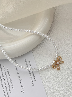 新款仿珍珠蝴蝶结项链女款