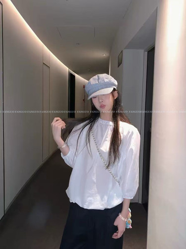 stetament 简约洋气！全棉灯笼袖圆领系扣收下摆套头衬衫上衣包邮 - 图0