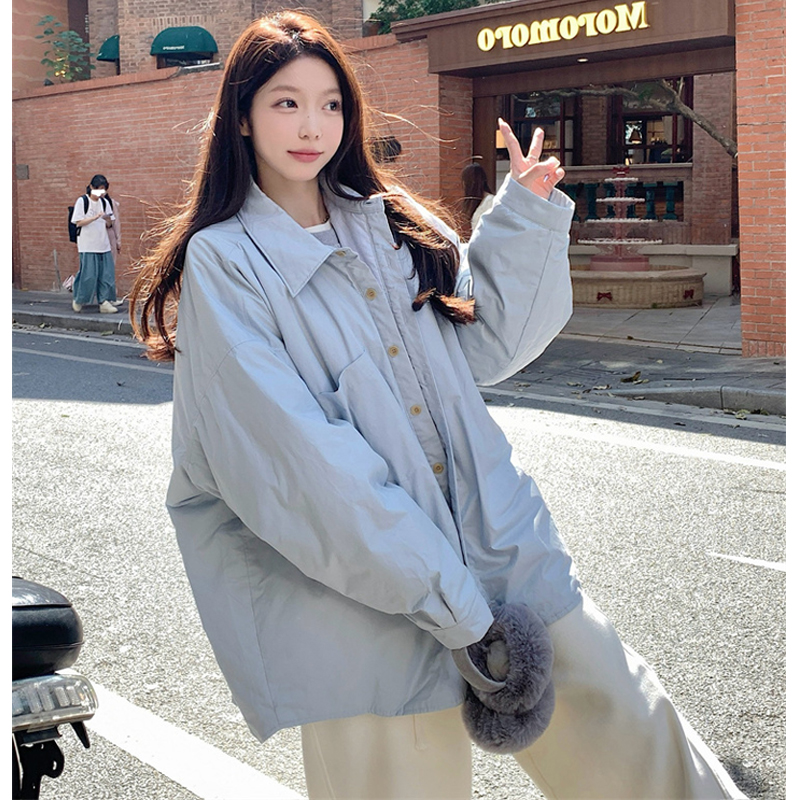 大码女装2025冬季新款胖mm韩版宽松百搭单排扣休闲衬衫加厚外套潮 - 图1