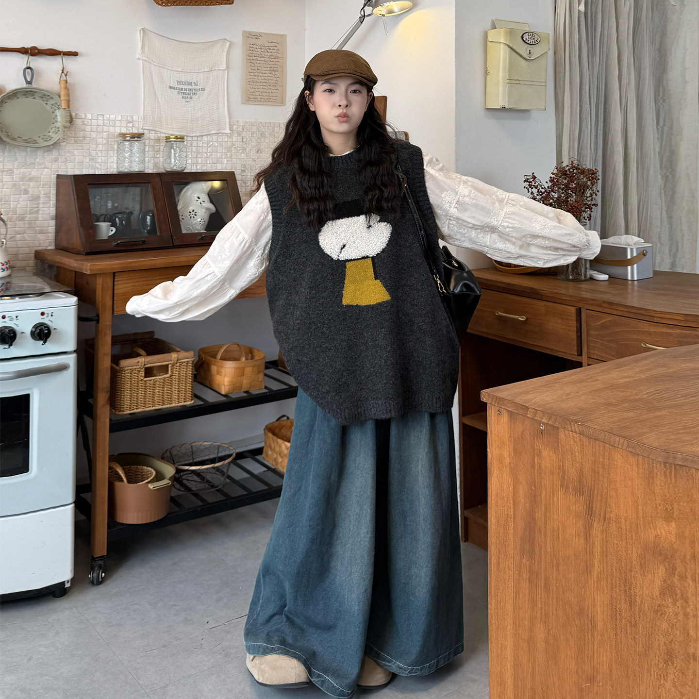 大码女装韩系卡通小狗针织马甲春季宽松叠穿长袖衬衣牛仔裤三件套,淘宝优惠券,粉丝福利购,淘宝优惠卷