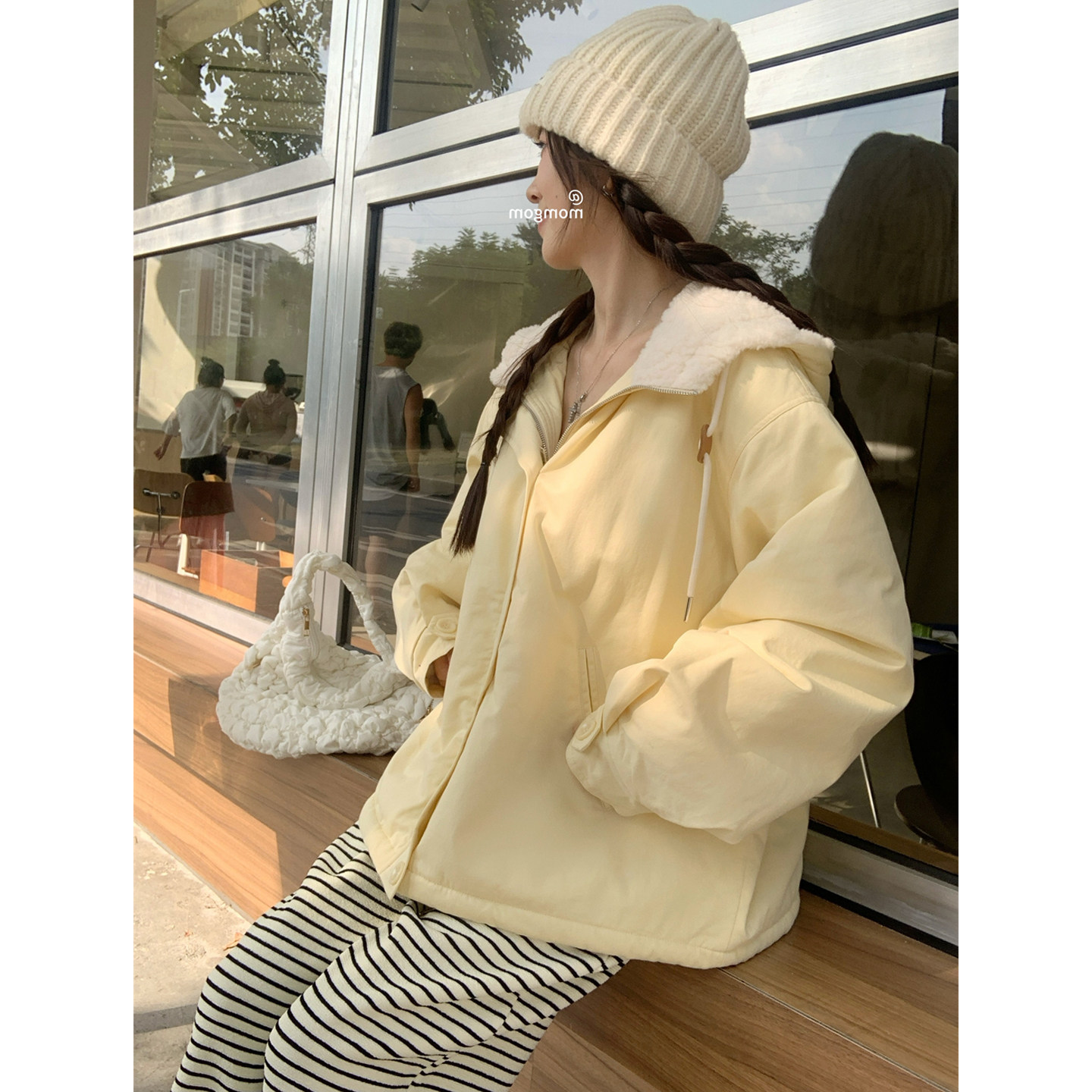 大码女装2025胖mm韩版宽松奶黄羊羔毛棉服外套+加绒条纹裤子套装,淘宝优惠券,粉丝福利购,淘宝优惠卷