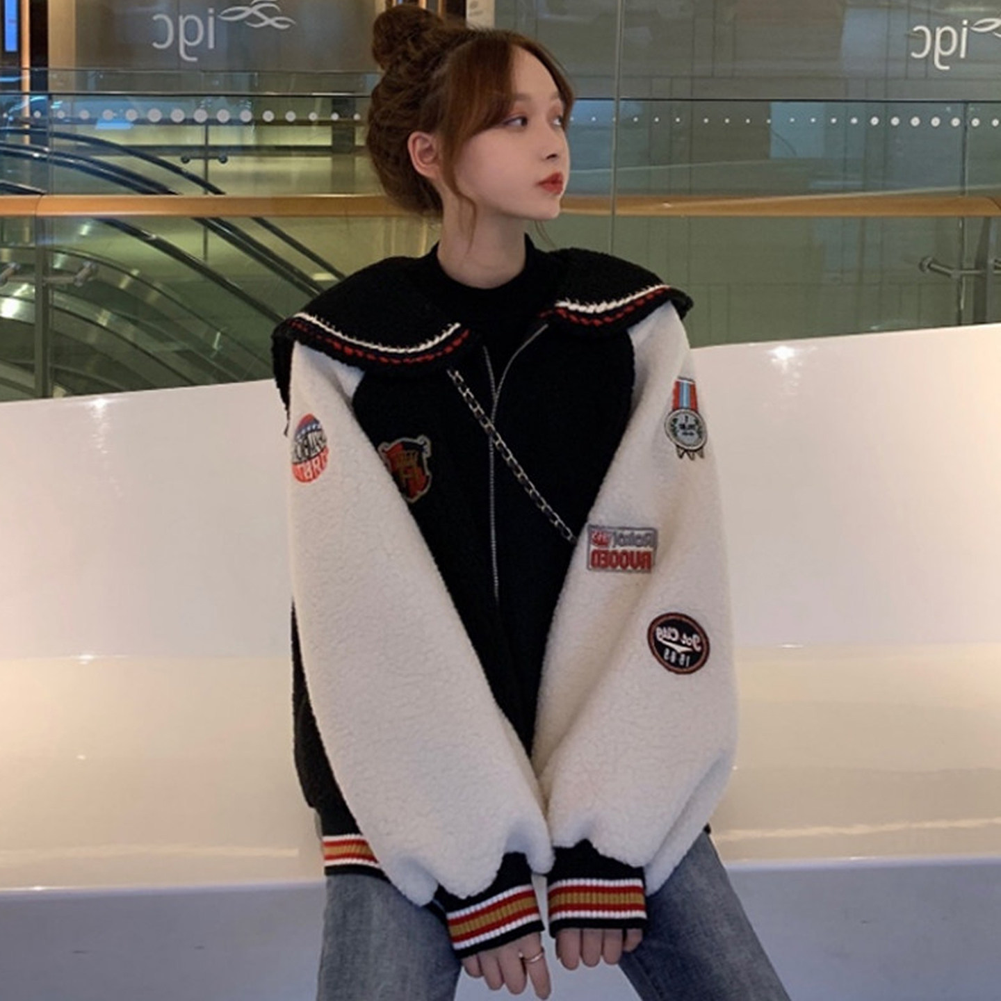 大码女装2025冬季网红新款胖mm洋气显瘦学院风海军撞色羊羔毛外套,淘宝优惠券,粉丝福利购,淘宝优惠卷