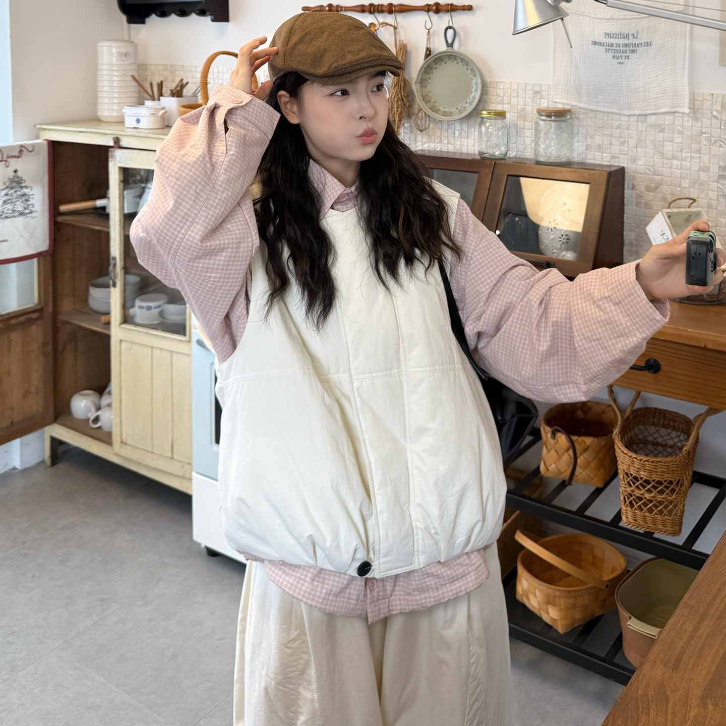 大码女装2025冬季胖mm韩版宽松夹棉格子衬衫+夹棉马甲+抽绳阔腿裤,淘宝优惠券,粉丝福利购,淘宝优惠卷