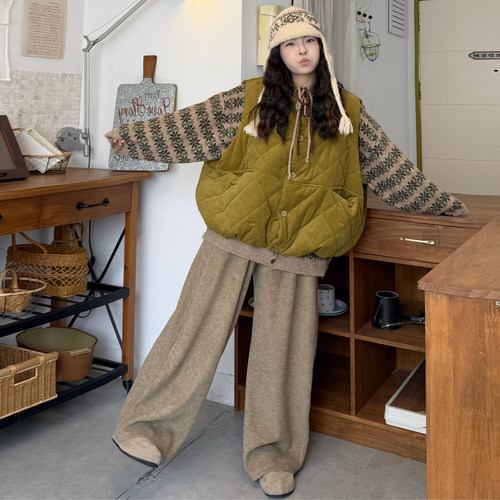 大码女装2025秋冬胖mm慵懒绑带毛衣外套+灯芯绒棉马甲+垂感阔腿裤 - 图3