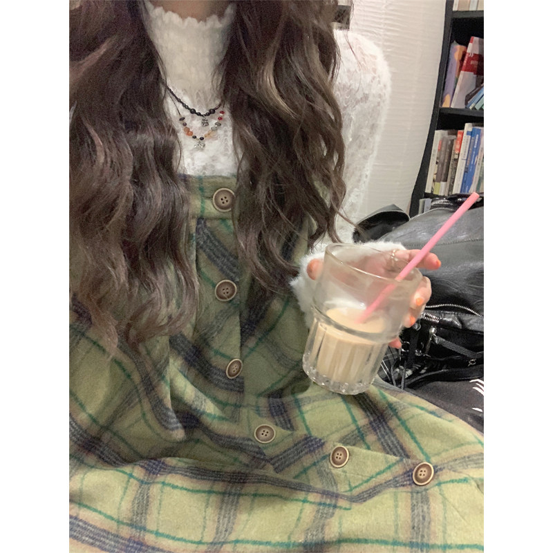 大码女装2025秋季胖mm森系蕾丝打底上衣+绿斜格纹毛呢背带裙套装,淘宝优惠券,粉丝福利购,淘宝优惠卷