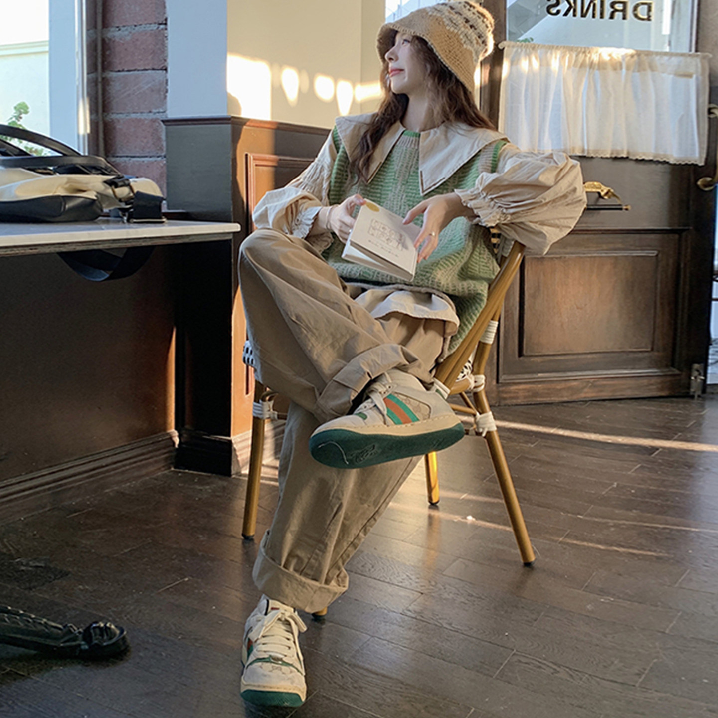 大码女装胖mm炸街显瘦三件套娃娃领衬衫+绿色针织马甲+宽松肥腿裤,淘宝优惠券,粉丝福利购,淘宝优惠卷