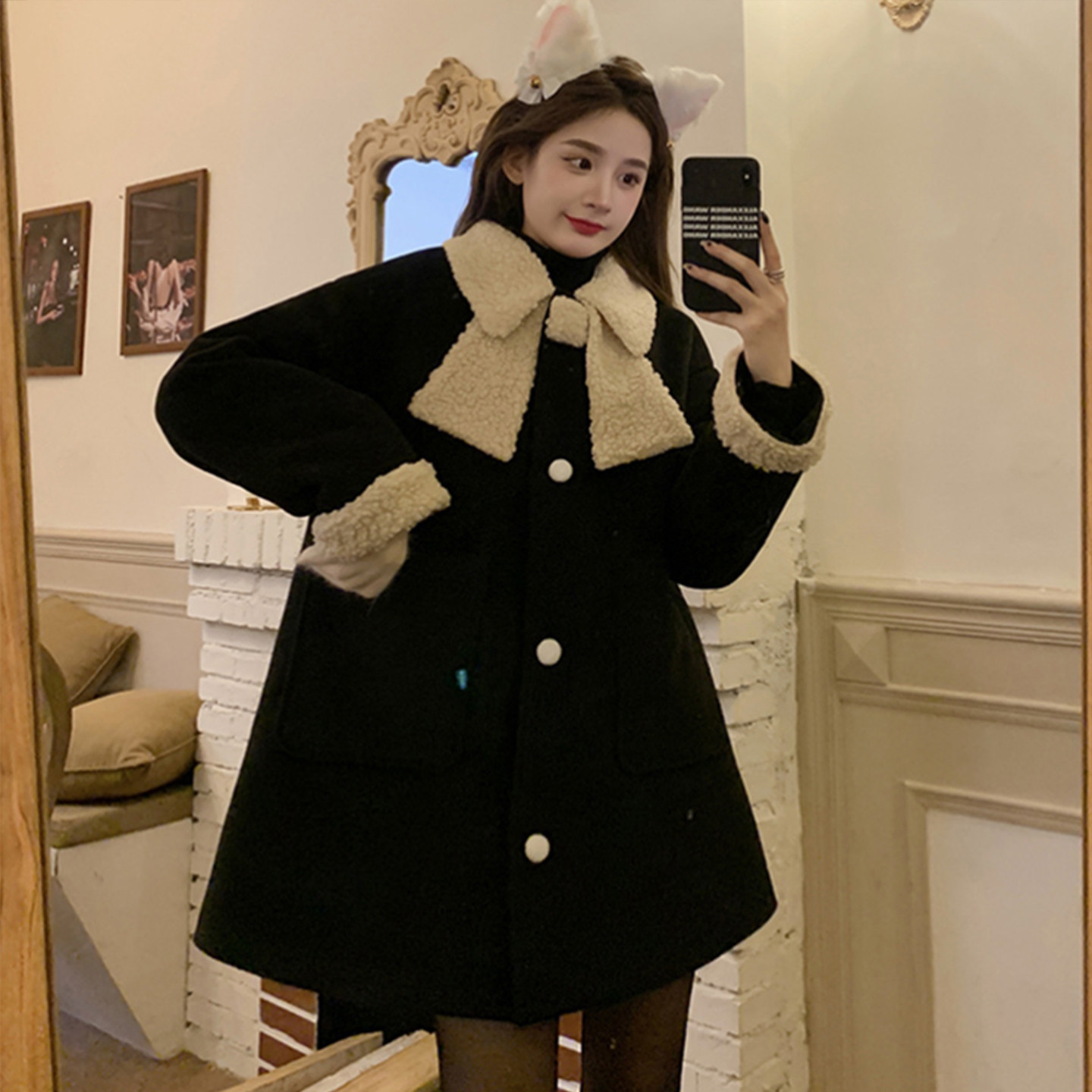 大码女装2025冬季羊羔绒拼接蝴蝶结红色宽松夹棉加厚毛呢外套大衣,淘宝优惠券,粉丝福利购,淘宝优惠卷