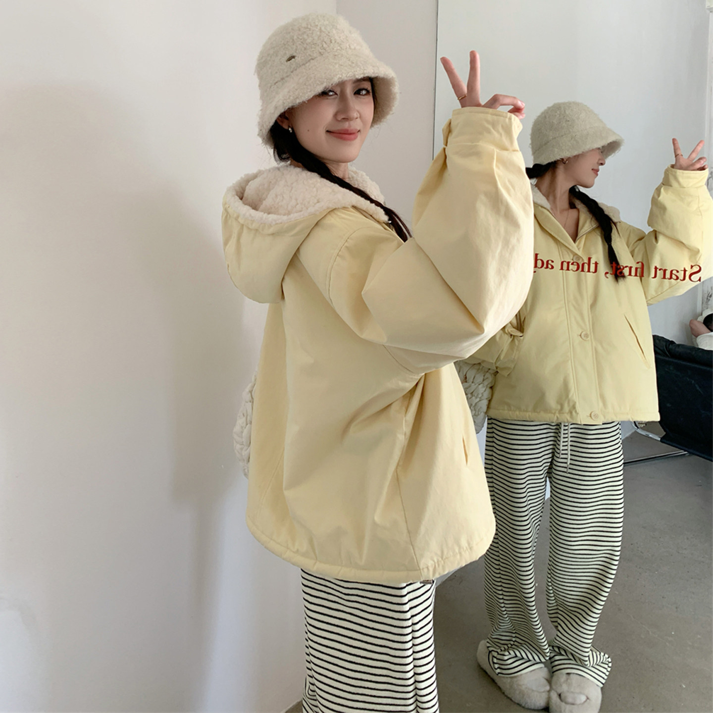 大码女装2025胖mm韩版宽松奶黄羊羔毛棉服外套+加绒条纹裤子套装,淘宝优惠券,粉丝福利购,淘宝优惠卷