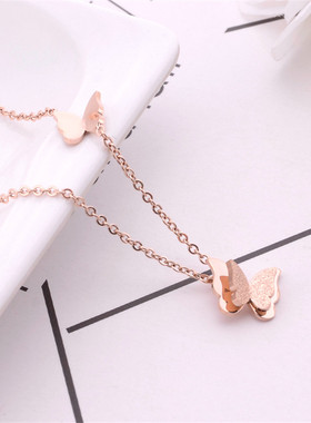 钛钢玫瑰磨砂蝴蝶装饰品锁骨链