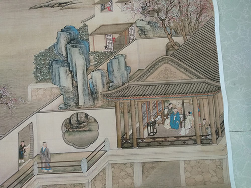 雍正十二月行乐图三月赏桃国画工笔画仿古画人物画艺术微喷复制画 - 图2