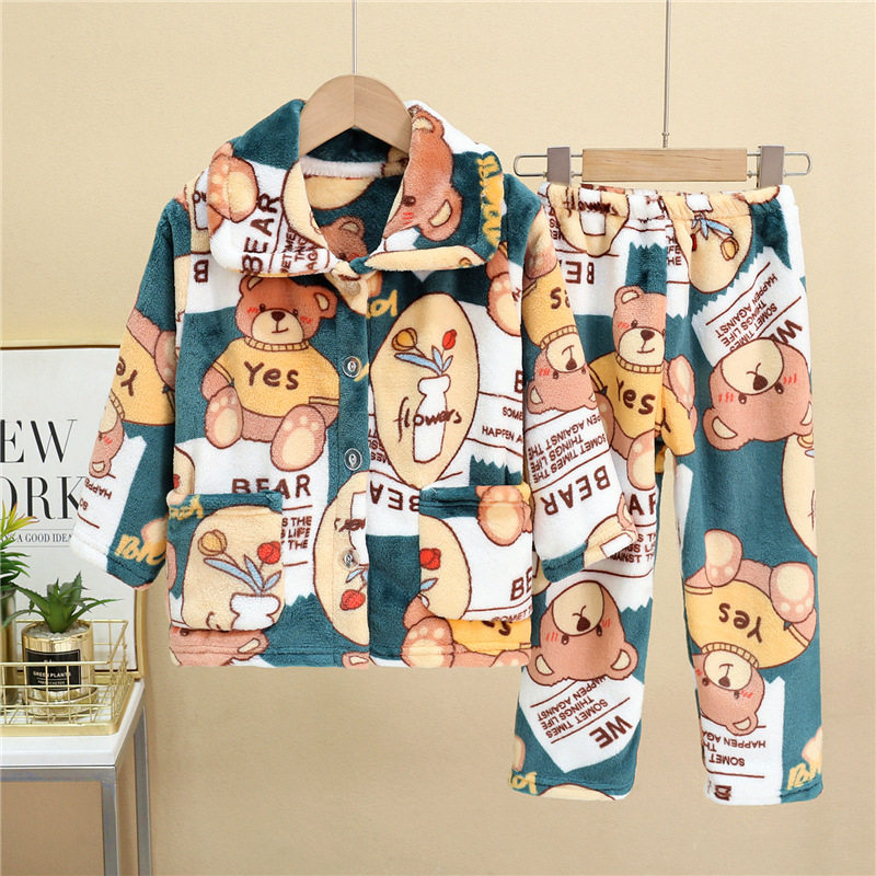 Autumn and winter children's flannel pajamas plus velvet and thickening girls' bamboo red panda duck home clothes inner clothes