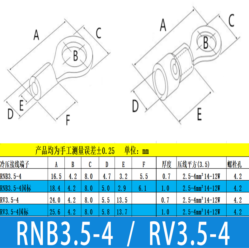 RNB/RV3.5-4冷压端子预绝缘黄铜国标紫铜太阳端OT圆端接线连接器 - 图1