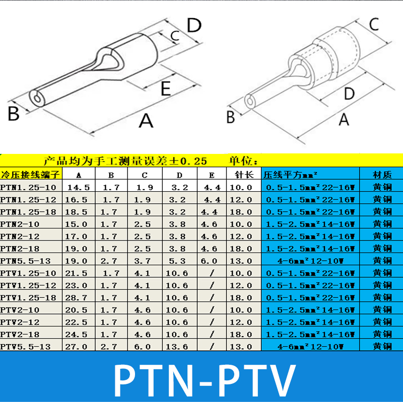 金建PTV1.25-10 /2-13/5.5-10绝缘针型端子管型端子铜管冷压端 - 图1