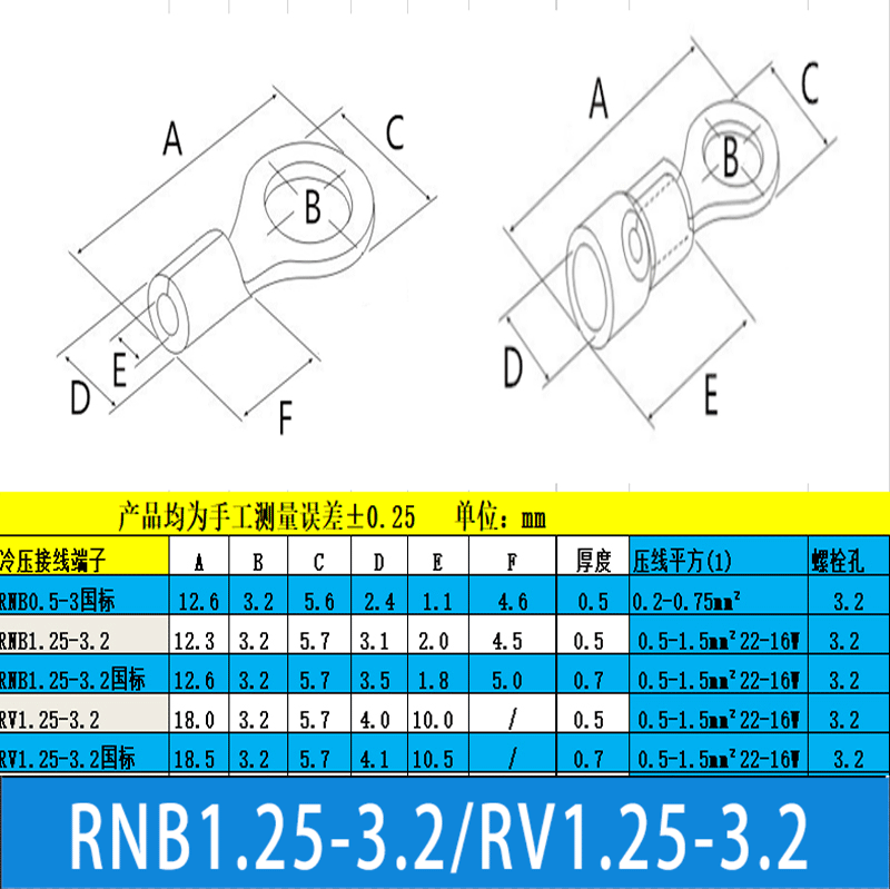 RNB/RV1.25-3.2冷压接线端子国标紫铜/黄铜圆端PVC绝缘套OT端子 - 图1