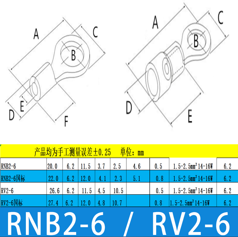 RNB/RV2-6冷压接线端子国标紫铜/黄铜圆端PVC绝缘套OT端子 - 图1