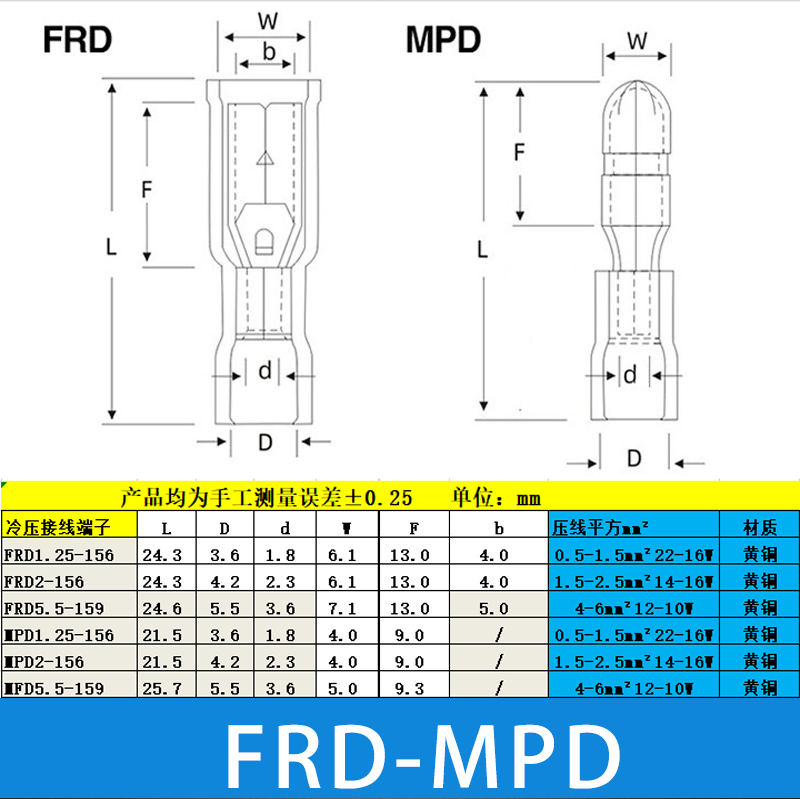 FRD/MPD1.25/2/5-156/195子弹头公母对接端子绝缘冷压端连接器 - 图1