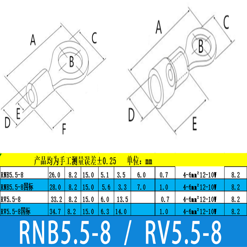 RNB/RV5.5-8冷压端子预绝缘黄铜国标紫铜太阳端OT圆端接线连接器 - 图1