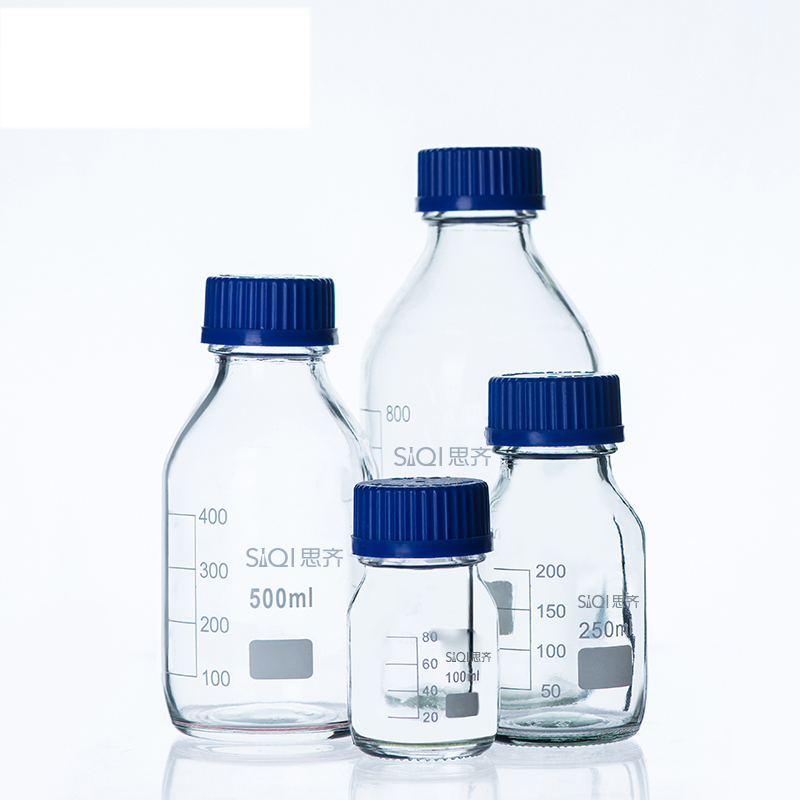 透明丝口瓶密封瓶 玻璃瓶 250ml 思齐 蓝盖试剂瓶 螺纹口带刻度Blue Screw Cap Glass Reagent Bottle - 图0