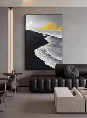 纯手工肌理黑白沙滩海景油画