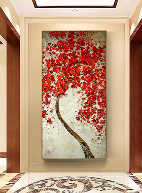 新款发财树立体手绘油画家居玄关走廊挂画现代装饰画竖版有框壁画