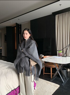 秋冬新款披肩斗篷外套女毛领披风外搭加厚保暖气质流苏毛边围巾