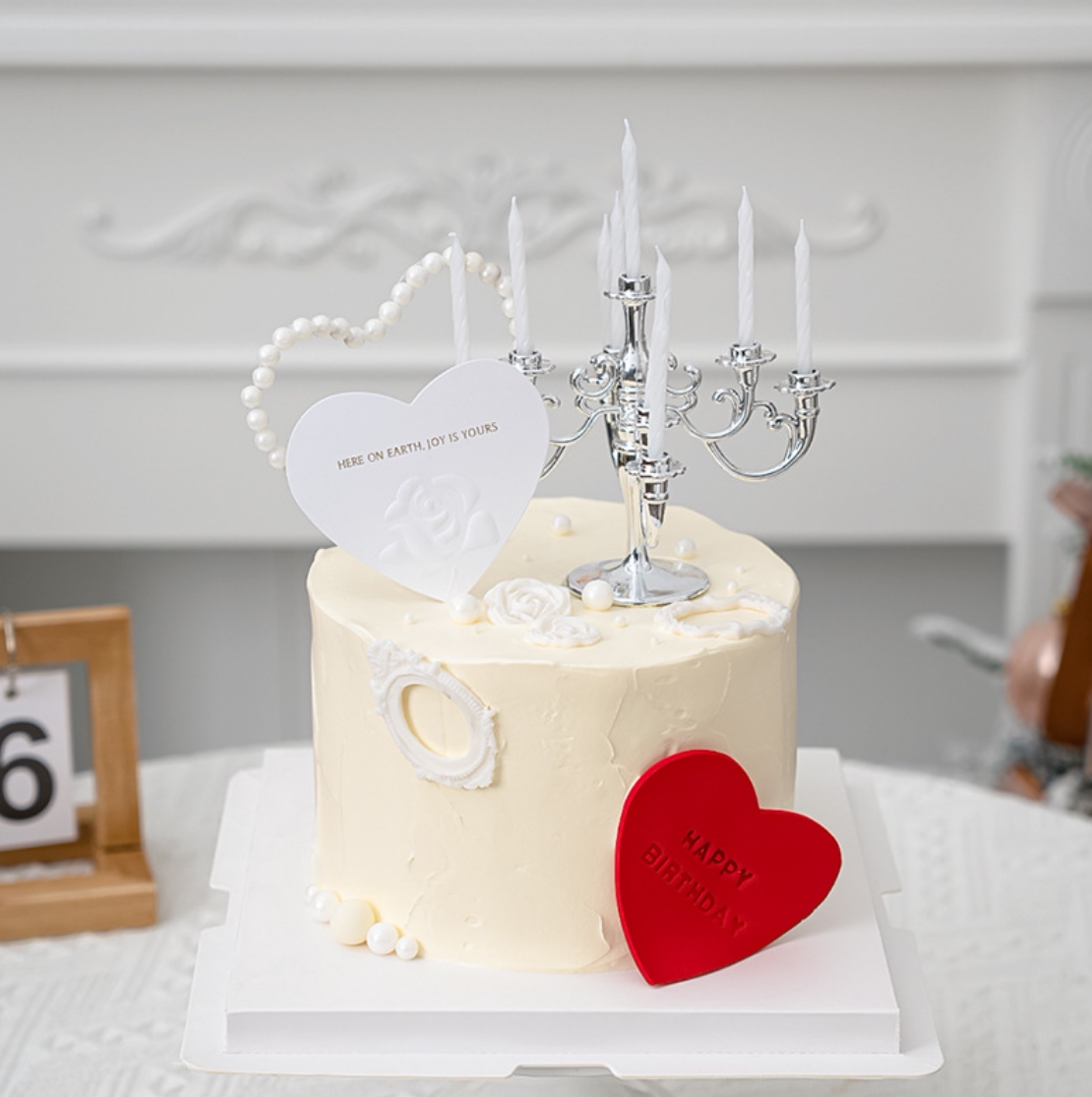 七夕情人节蛋糕装饰珍珠爱心插件浮雕玫瑰花爱心卡片烛台蛋糕插牌