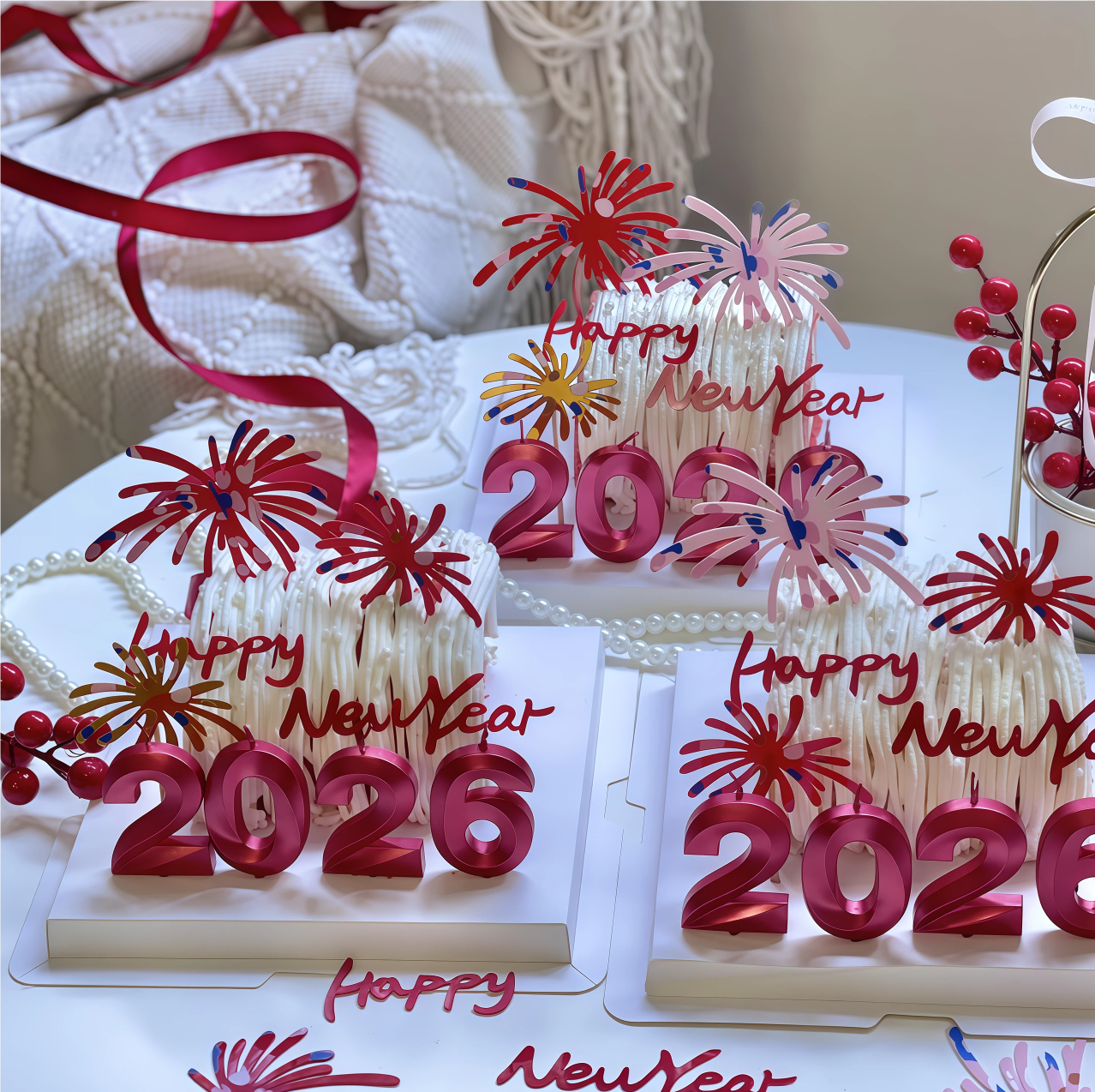 新年跨年红色钻石2026数字蜡烛蛋糕装饰摆件亚克力红色粉色大礼花,淘宝优惠券,粉丝福利购,淘宝优惠卷