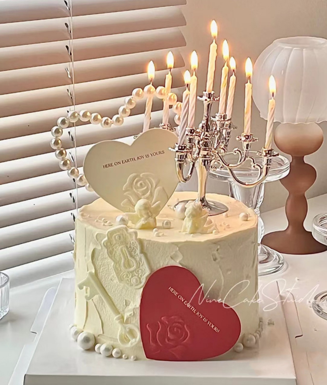 七夕情人节蛋糕装饰珍珠爱心插件浮雕玫瑰花爱心卡片烛台蛋糕插牌