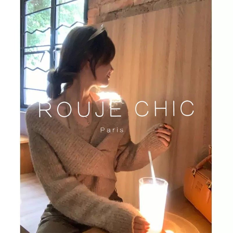 ROUJE CHIC法式咖色假两件挂脖针织毛衣女秋冬季软糯扭结针织上衣,淘宝优惠券,粉丝福利购,淘宝优惠卷