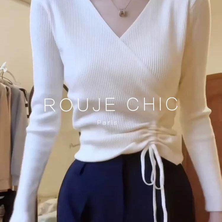 ROUJE CHIC法式白色抽绳v领短款针织衫女早春交叉别致内搭打底衫,淘宝优惠券,粉丝福利购,淘宝优惠卷