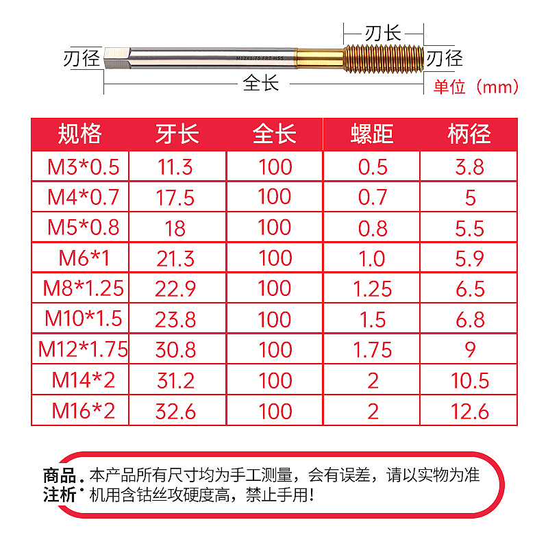 不锈钢专用镀钛挤牙丝锥M1M2M3M4M5M6-M8X80*100*150加长挤压丝攻 - 图2