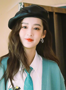 李沁同款帽子0女网黑色皮质