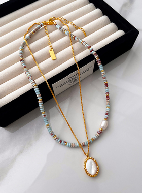 天然石彩色串珠淡水珍珠项链