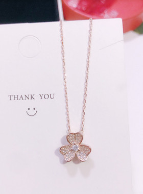 香港正生纯银s925满钻幸运三叶草爱心项链女银饰爆款网红锁骨链