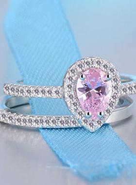 JZ037白铜镀白金镶钻套戒女款对戒单排微镶水滴钻粉色钻戒指