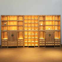 New Chinese display case tea shelving with lamp modern Zen-style bookcase solid wood Bogu frame free of lacquer old elm wood exhibition cabinet