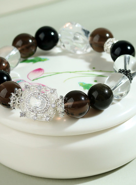 批发天然白水晶冰种黑曜石手链大颗粒圆珠时尚大气原创手串定制款